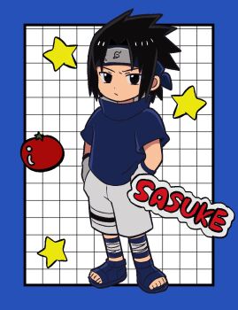 1boy black_eyes black_hair blue_border blue_shirt border character_name closed_mouth forehead_protector full_body grid_background hands_in_pockets hashtag-only_commentary highres kena0n konohagakure_symbol looking_at_viewer male_focus naruto_(classic) naruto_(series) open-toe_shoes shirt shorts solo star_(symbol) tomato uchiha_sasuke white_shorts