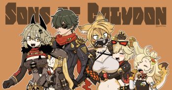 1boy 5girls anger_vein animal_ears black_hair black_jacket blonde_hair breasts burnice_white caesar_king_(zenless_zone_zero) closed_eyes closed_mouth commentary crop_top english_text eyewear_on_head furry furry_female gloves goggles goggles_around_neck green_eyes grey_hair hair_between_eyes hair_ornament helmet highres hug jacket large_breasts lighter_(zenless_zone_zero) long_hair luciana_de_montefio mask mask_around_neck multiple_girls open_mouth piper_wheel popochi_fuwa pulchra_fellini red_scarf scarf shirt side_ponytail sons_of_calydon_(zenless_zone_zero) spiked_jacket sunglasses symbol-only_commentary tail torn_clothes torn_scarf twitter_username yawning zenless_zone_zero