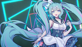 1girl absurdres aqua_eyes aqua_hair aqua_halo black_sailor_collar blue_archive blush bow breasts center_frills commentary_request dress fingernails frilled_dress frills hair_between_eyes hair_ornament halo hatsune_miku hatsune_miku_(blue_archive) highres long_hair looking_at_viewer medium_breasts multicolored_hair open_mouth pink_hair sailor_collar shendi_2021 skirt sleeveless sleeveless_dress smile solo streaked_hair tilted_halo twintails upper_body very_long_hair vocaloid white_dress white_skirt