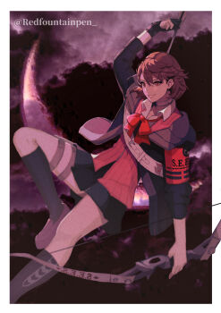 1girl absurdres archery archery_shooting_glove arm_up armband arrow_(projectile) black_gloves black_jacket black_skirt black_socks bow bow_(weapon) bowtie brown_eyes brown_hair brown_shoes cardigan choker cloud cloudy_sky commentary crescent_moon earrings flipped_hair foot_out_of_frame gekkoukan_high_school_uniform gloves grin heart heart_choker highres holding holding_arrow holding_bow_(weapon) holding_weapon holster jacket jewelry knee_up lipgloss loose_bowtie miniskirt moon open_clothes open_jacket parted_lips partially_fingerless_gloves persona persona_3 persona_3_reload pink_cardigan pink_lips pleated_skirt red_armband red_bow red_bowtie redfountainpen ribbed_cardigan s.e.e.s school_uniform shirt shoes short_hair single_glove skirt sky smile socks solo stud_earrings takeba_yukari thigh_holster thighs twitter_username weapon white_choker white_shirt wing_collar