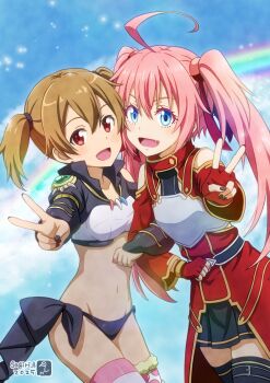 2girls :d ahoge armor artist_name asukamama89 bare_shoulders black_nails black_panties black_shirt black_skirt black_thighhighs blue_eyes blue_sky breastplate breasts brown_hair clothing_cutout colored_eyelashes commentary_request cosplay costume_switch cowboy_shot cropped_shirt crossover dated dress dutch_angle eyelashes fang fingerless_gloves fur-trimmed_thighhighs fur_trim gem gloves green_gem grey_armor groin hair_ribbon hidaka_rina highres locked_arms loli long_sleeves looking_at_viewer messy_hair milim_nava miniskirt mismatched_thighhighs multicolored_thighhighs multiple_girls navel open_mouth panties pink_hair pink_thighhighs pleated_skirt polka_dot polka_dot_thighhighs rainbow red_dress red_eyes red_gloves red_ribbon ribbon shirt short_twintails shoulder_cutout sidelocks silica skindentation skirt sky small_breasts smile stomach straight_hair striped_clothes striped_thighhighs sword_art_online tensei_shitara_slime_datta_ken thighhighs tongue turtleneck turtleneck_dress twintails two-tone_shirt two-tone_thighhighs underwear v voice_actor_connection watermark white_shirt white_thighhighs zettai_ryouiki