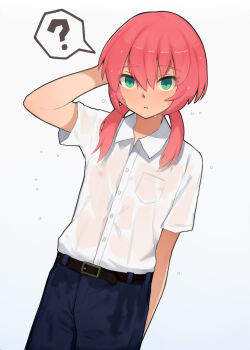 1boy ? androgynous arm_behind_head belt collared_shirt commentary_request green_eyes hair_between_eyes highres inazuma_eleven_(series) inazuma_eleven_go kirino_ranmaru long_hair looking_at_viewer low_twintails male_focus nipples pink_hair shirt shota simple_background solo spoken_question_mark standing suika_shiroi twintails wet wet_clothes wet_shirt white_background white_shirt