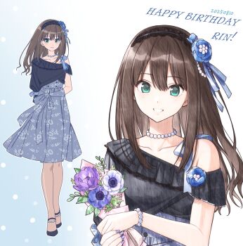 1girl arms_behind_back asymmetrical_sleeves birthday black_hairband black_shirt blue_flower blue_nails bracelet brown_hair character_name dated fingernails floral_print floral_print_skirt flower full_body green_eyes grin hair_flower hair_ornament hairband happy_birthday highres holding holding_flower idolmaster idolmaster_cinderella_girls jewelry korean_commentary long_fingernails long_hair looking_at_viewer mixed-language_commentary multiple_views nail_polish nonanonnon6u6 pearl_bracelet pearl_choker print_skirt purple_flower shibuya_rin shirt skirt smile standing upper_body white_flower