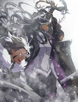 1girl 3boys absurdres armor belt black_bow black_cape black_gloves black_robe bow bow_(weapon) brown_belt brown_eyes brown_hair cape caramel_arrow_cookie cloak closed_mouth colored_eyelashes cookie_run cookie_run:_kingdom crown crunchy_chip_cookie dark-skinned_female dark-skinned_male dark_cacao_cookie dark_choco_cookie dark_skin drawing_bow facial_mark fang feet_out_of_frame fur-trimmed_cloak fur_trim gloves grey_cloak hair_between_eyes hair_ornament hair_slicked_back highres holding holding_bow_(weapon) holding_sword holding_weapon jojo05_rabbit09 long_hair looking_ahead multicolored_clothes multicolored_hair multiple_boys open_mouth parted_bangs ponytail profile purple_eyes red_eyes robe short_hair shoulder_armor snowing streaked_hair sword upper_body vambraces weapon white_background white_hair white_robe wide_sleeves yellow_eyes