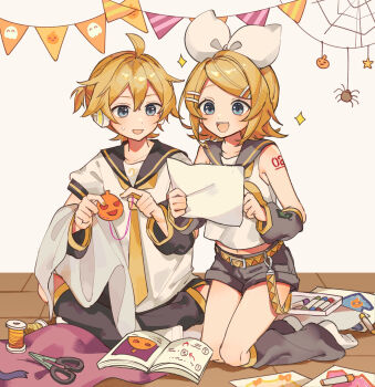 1boy 1girl :d aqua_eyes arm_tattoo arm_warmers bare_shoulders bass_clef belt black_arm_warmers black_leg_warmers black_sailor_collar black_shorts blonde_hair blue_eyes blush book bow brother_and_sister commentary_request crossed_legs drawing_(object) flipped_hair floor hair_between_eyes hair_bow hair_ornament halloween headset highres kagamine_len kagamine_rin kneeling knees leg_warmers marker midriff_peek neckerchief necktie number_tattoo on_floor open_mouth paper sailor_collar sazanami_(ripple1996) scissors sewing shirt short_hair short_shorts short_sleeves shorts siblings silk simple_background sitting sleeveless sleeveless_shirt small_sweatdrop smile socks spider_web sweat swept_bangs tattoo teeth thighs thread toy twins upper_teeth_only vocaloid white_bow white_shirt yellow_belt yellow_neckerchief yellow_necktie
