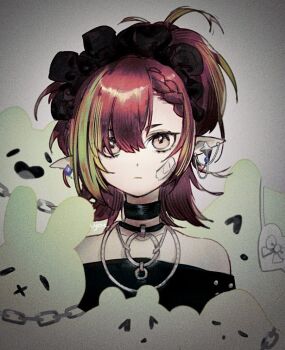 Rule 34 | 1girl, arknights, bandaid, bandaid on face, bare shoulders, black bonnet, black choker, bonnet, braid, brown eyes, choker, commentary, earrings, green hair, jewelry, long hair, looking at viewer, multicolored hair, necklace, pointy ears, puppet dancer (arknights), red hair, simple background, solo, streaked hair, tecno (arknights), ujoe 7hr