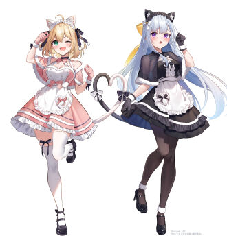 2girls absurdres animal_ear_fluff animal_ears anisphia_wynn_palettia apron black_capelet black_dress black_gloves black_pantyhose black_shoes blonde_hair breasts capelet cat_ears cat_girl cat_tail cleavage dress euphyllia_magenta full_body gloves green_eyes grey_hair highres kemonomimi_mode kisaragi_yuri long_hair looking_at_viewer maid maid_apron maid_headdress medium_hair multiple_girls official_art one_eye_closed open_mouth pantyhose pink_capelet pink_dress purple_eyes shoes simple_background smile standing standing_on_one_leg tail tensei_oujo_to_tensai_reijou_no_mahou_kakumei thighhighs white_background white_thighhighs