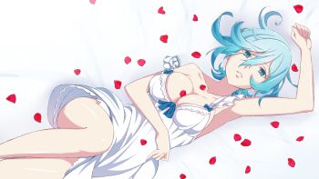 1girl absurdres aqua_eyes armpits bare_arms bed_sheet blue_eyes blue_hair breasts cleavage dress henkei_shoujo highres legs lying medium_breasts nana_(henkei_shoujo) official_art petals rose_petals solo thighs white_dress