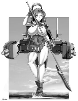 Rule 34 | 1girl, boots, breasts, cannon, capelet, cloud, commentary request, dress, glaive (polearm), greyscale, halo, highres, kantai collection, large breasts, looking to the side, machinery, mechanical halo, monochrome, pleated skirt, polearm, saizu nitou gunsou, short hair, skirt, sky, sleeveless, sleeveless dress, solo, tatsuta (kancolle), tatsuta kai ni (kancolle), torn clothes, weapon