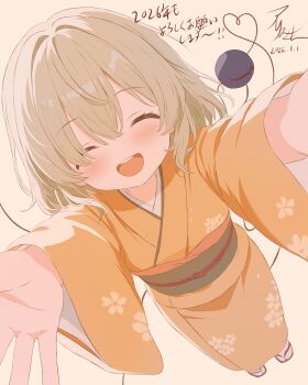 1girl 2026 absurdres alternate_costume blush closed_eyes commentary_request dated eyeball facing_viewer floral_print furisode green_hair green_sash heart heart_of_string highres incoming_hug iris-san japanese_clothes kimono komeiji_koishi long_sleeves obi open_mouth print_kimono sandals sash signature smile socks solo teeth third_eye touhou translation_request upper_teeth_only white_socks wide_sleeves yellow_kimono