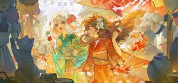 2girls animal aqua_kimono blunt_ends brown_eyes brown_hair carp cat cookie052070521 crowd dango flower food hair_flower hair_ornament highres holding_hands japanese_clothes kimono koinobori long_hair long_sleeves looking_at_another multiple_girls obi open_mouth original red_carpet red_eyes red_flower red_kimono sanshoku_dango sash wagashi water_drop white_flower white_hair wide_sleeves windsock yellow_sash