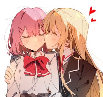 2girls amaori_renako ashigaya_high_school_uniform black_jacket blazer blonde_hair bow bowtie closed_eyes closed_mouth commentary hand_on_another&#039;s_shoulder heart jacket kaeshi_(yuukaeshi) kiss kissing_cheek long_hair medium_hair multiple_girls ouzuka_mai pink_hair red_bow red_bowtie school_uniform shirt simple_background watashi_ga_koibito_ni_nareru_wake_naijan_murimuri! white_background white_shirt yuri