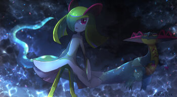1girl artist_name black_eyes claws closed_mouth cloud colored_sclera colored_skin dated dragapult dragon dutch_angle flat_chest floating gen_3_pokemon gen_8_pokemon green_hair green_skin hair_over_one_eye half-closed_eyes highres kirlia long_hair looking_at_another multicolored_skin night nintendo one_eye_covered open_mouth outdoors pokemon pokemon_(creature) red_eyes reflection sax_(sax_e) sidelocks signature standing sweat two-tone_skin water white_skin yellow_sclera