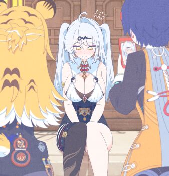 3girls absurdres ahoge alternate_hairstyle animal_ears belle_(delicate_sunlight)_(zenless_zone_zero) belle_(zenless_zone_zero) black_thighhighs blonde_hair blue_hair blush breasts cellphone cleavage closed_mouth from_behind grey_hair highres holding holding_phone ju_fufu large_breasts long_hair long_sleeves looking_down multiple_girls parangmuru phone short_hair single_thighhigh sitting smartphone tail thighhighs tiger_ears tiger_girl tiger_tail twintails yellow_eyes yixuan_(zenless_zone_zero) zenless_zone_zero
