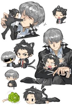2boys absurdres adachi_tooru angry animal_ears black_hair black_jacket blank_eyes blush_stickers cabbage cat_ears cat_tail chengmingraven commentary_request grey_eyes grey_hair highres holding holding_mini_person jacket kemonomimi_mode mini_person miniboy multiple_boys narukami_yu necktie persona persona_4 red_necktie school_uniform scratching shirt short_hair smile tail white_shirt yasogami_school_uniform