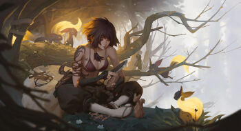 1girl arm_tattoo black_pants blurry blurry_background bra branch breast_tattoo breasts brown_hair carving cleavage commentary dao_trong_le doll english_commentary fingerless_gloves flower forest fur_blanket gloves glowing_tail highres holding holding_knife kama_(weapon) knife kunai log medium_breasts medium_hair mineko_(dao_trong_le) nature orange_eyes original outdoors pants red_bra rope_belt sandals sickle sitting_on_branch socks solo squirrel stomach_tattoo tattoo tree underwear weapon white_flower white_socks