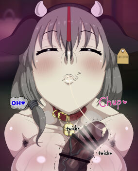 1boy 1girl animal_ears armpit_hair bar_censor bell blush breasts censored cheating_(relationship) closed_eyes collar collarbone cow_ears cow_horns cowbell cum cum_in_mouth cum_string dark-skinned_male dark_skin ear_tag english_text fake_animal_ears grey_hair hetero horns interracial large_breasts mature_female neck_bell netorare nude penis pov pubic_hair puckered_lips saliva solo_focus stray_pubic_hair suamado0013 veins veiny_penis