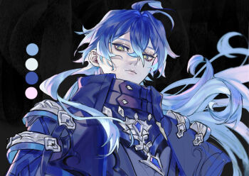 1boy black_background black_capelet blue_gemstone blue_hair capelet closed_mouth collared_capelet color_guide crossed_bangs double-parted_bangs flins_(genshin_impact) gem genshin_impact gradient_hair lips long_hair looking_at_viewer male_focus meporing_world multicolored_hair shiny_skin solo upper_body very_long_hair yellow_eyes