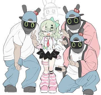 Rule 34 | 1girl, 4boys, arm warmers, biggest fan (zenless zone zero), black skirt, blue pants, fang, full body, green eyes, green hair, hair ornament, haori, highres, japanese clothes, ketsu juuji killer (kejuki), multiple boys, multiple hair clips, necktie, open mouth, pants, pink arm warmers, pink haori, red necktie, scared, shirt, skirt, striped arm warmers, sunna (zenless zone zero), t-shirt, v, white background, white shirt, zenless zone zero