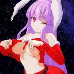 1girl 3d animal_ears animated breasts clothes_lift jiggle large_breasts lifting_own_clothes light_purple_hair looking_at_viewer mofumoko5 no_bra purple_eyes rabbit_ears reisen_udongein_inaba smile solo teasing thighs touhou underboob video