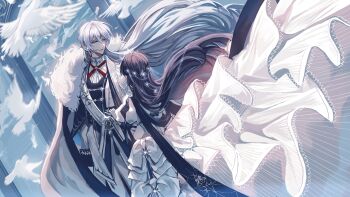 1boy 1girl absurdres adapted_costume alternate_costume arch arm_at_side bird black_hair blue_ribbon blue_sash blue_vest bow brooch cael_anselm cael_anselm_(godheim) cape chinese_commentary cowboy_shot cross_tie day dove dress dress_bow facing_away falling_feathers feathers floating_clothes floating_hair gloves gown hair_between_eyes hair_ornament head_chain heroine_(lovebrush_chronicles) hetero highres holding_hands husband_and_wife jacket jewelry layered_dress long_dress long_hair long_hair_between_eyes long_sleeves looking_at_another looking_to_the_side loosely_tucked_bangs lovebrush_chronicles neck_ribbon open_clothes open_jacket pants parted_lips puffy_short_sleeves puffy_sleeves purple_eyes red_ribbon ribbon sash shirt short_sleeves shoulder_sash side_cape sleeve_cuffs sleeve_ribbon smile snow234 snowflake_hair_ornament standing tiara very_long_hair vest wedding white_bow white_cape white_dress white_feathers white_gloves white_jacket white_pants white_sash white_shirt