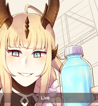 1girl ahoge aqua_eyes arknights artist_name blonde_hair blunt_bangs bottle bright_pupils brown_shirt caption close-up collared_shirt commentary dragon_girl dragon_horns english_commentary english_text film_grain fingernails flower from_below grin hair_ornament hand_up hatching_(texture) high_collar highres holding holding_bottle horns indoors light_blush linear_hatching lips long_hair looking_at_viewer looking_down meme official_alternate_costume parted_lips portrait reed_(arknights) reed_the_flame_shadow_(arknights) sepia_background shadow shirt sidelocks sihzari smile snapchat_kill_guy_(meme) solo teeth turtleneck turtleneck_shirt twitter_username water water_bottle white_flower white_pupils window