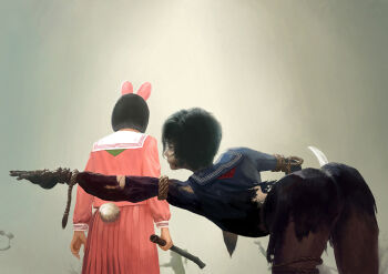 amibazh animal_ears ayakakashi bent_over black_hair bob_cut fog holding holding_lead_pipe holding_sickle lead_pipe rabbit_ears rabbit_tail rope school_uniform shimizu_hinako sickle silent_hill_(series) silent_hill_f tail