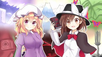 2girls bamboo black_capelet black_hat blonde_hair book bow bowtie brown_eyes brown_hair bug butterfly buttons capelet changeability_of_strange_dream clock collared_dress collared_shirt commentary_request dress fedora ghostly_field_club hat hat_bow highres holding holding_book insect keyaki_chimaki light_blush long_hair long_sleeves looking_at_viewer magical_astronomy maribel_hearn mob_cap multiple_girls open_mouth orbital_path purple_dress purple_eyes red_bow red_bowtie retrospective_53_minutes shirt smile tombstone touhou trojan_green_asteroid two-tone_capelet upper_body usami_renko white_bow white_hat white_shirt