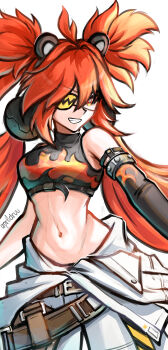 1girl absurdres ahoge andrewaprilio animal_ears bare_shoulders bear_ears black_gloves breasts crop_top eyepatch fake_animal_ears fingerless_gloves gloves hair_between_eyes hair_ornament highres koleda_belobog long_hair looking_at_viewer navel pants red_eyes red_hair solo sphere_hair_ornament twintails zenless_zone_zero