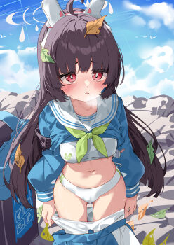 1girl absurdres animal_ears bird black_hair blue_archive blue_shirt blue_skirt blue_sky bra cameltoe cloud commentary day fake_animal_ears green_neckerchief halo highres hua-huahua huge_filesize leaf leaf_on_head loli long_hair looking_at_viewer miyu_(blue_archive) navel neckerchief outdoors panties pantyhose pussy_juice rabbit_ears red_eyes sailor_collar shirt skirt sky solo trash_can underwear white_bra white_halo white_panties white_pantyhose white_sailor_collar