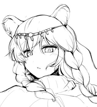 Rule 34 | 1girl, animal ears, arknights, braid, circlet, commentary request, expressionless, greyscale, leopard ears, leopard girl, long hair, looking at viewer, monochrome, open mouth, portrait, pramanix (arknights), sadahiro (chicken nugget gyuuniku aji), simple background, solo, sweater, turtleneck, turtleneck sweater, twin braids