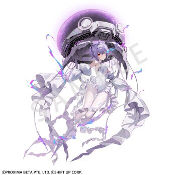 1girl absurdres armored_footwear armored_shoes full_body goddess_of_victory:_nikke highres jellyfish_girl leotard liberalio_(nikke) official_art pantyhose pong_(pong_o0) sample_watermark simple_background sleeves_past_fingers sleeves_past_wrists solo watermark white_background white_leotard white_pantyhose