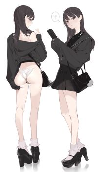 1girl ama_mitsuki ass black_eyes black_hair black_jacket black_shirt black_shoes black_skirt blush cellphone closed_mouth earbuds earphones high_heels highres holding holding_phone jacket jewelry kneepits long_hair long_sleeves mary_janes necklace off_shoulder original panties phone platform_heels platform_shoes shirt shoes skirt sleeves_past_wrists smartphone socks solo standing underwear white_panties white_socks