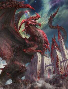 castle claws copyright_notice dragon dragon_horns dragon_tail dragon_wings dungeons_&amp;_dragons giant giant_monster highres horns manzanedo monster no_humans open_mouth red_eyes red_scales scales sharp_teeth sky spiked_tail tail teeth wings