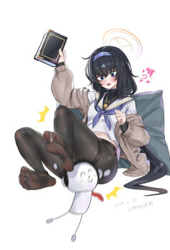 1boy 1girl ^^^ absurdres arm_up artist_name black_hair black_shirt blue_archive blush book brown_cardigan brown_pantyhose cardigan chinese_commentary commentary_request convenient_censoring dated doodle_sensei_(blue_archive) embarrassed feet full_body gold_necklace hair_between_eyes hairband halo hand_up highres holding holding_book jewelry layered_sleeves legs long_hair long_sleeves looking_down midriff_peek motion_blur navel neckerchief necklace no_pants no_shoes off_shoulder open_cardigan open_clothes open_mouth pantyhose purple_eyes purple_hairband purple_neckerchief sailor_collar school_uniform sensei_(blue_archive) serafuku shangdi_de_fa_zhang shirt side_ahoge sidelocks simple_background soles sweat thighband_pantyhose toe_seam toes turtleneck turtleneck_shirt ui_(blue_archive) very_long_hair white_background white_sailor_collar white_shirt yellow_halo