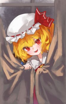 Rule 34 | 1girl, absurdres, ascot, blonde hair, blush, curtain grab, curtains, dress, fangs, flandre scarlet, hat, hiding, highres, lab2linch, looking at viewer, mob cap, parted lips, red dress, red eyes, side ponytail, smile, solo, teeth, touhou, upper body, upper teeth only, vampire, window, yellow ascot