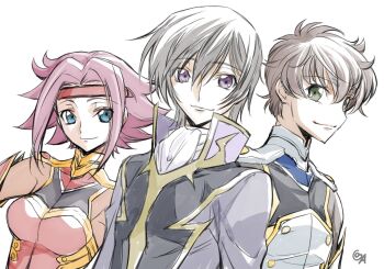 1girl 2boys ascot black_hair blue_eyes breasts brown_eyes brown_hair closed_mouth code_geass detached_sleeves gold_trim hair_between_eyes headband highres kouzuki_kallen kururugi_suzaku lelouch_vi_britannia medium_breasts multiple_boys ogasawara_tomy parted_bangs pink_hair purple_eyes red_headband short_hair smile upper_body white_ascot zero_(code_geass)