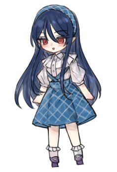 1girl alternate_costume black_hair blue_skirt full_body geta gonglijeongli highres iizunamaru_megumu long_hair pointy_ears red_eyes shirt short_sleeves skirt solo tengu-geta touhou very_long_hair white_background white_shirt