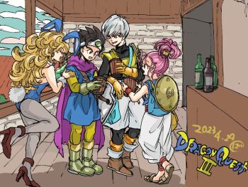 Rule 34 | 2boys, 2girls, animal ears, bare shoulders, black bodysuit, black hair, blonde hair, blue leotard, blue tunic, bodysuit, boots, bottle, brick wall, brown boots, brown shoes, bykillt, cloak, curly hair, detached collar, dragon quest, dragon quest iii, earrings, forehead protector, full body, gadabout (dq3), gem, green gem, grey hair, grey pantyhose, hero (dq3), hoop earrings, jewelry, leotard, long hair, merchant (dq3), multiple boys, multiple girls, open mouth, pants, pantyhose, pink hair, playboy bunny, purple cloak, rabbit ears, rabbit tail, sandals, shield, shield on back, shoes, shorts, smile, tail, thief (dq3), tunic, white pants, white shorts, white wrist cuffs, wrist cuffs, yellow bodysuit