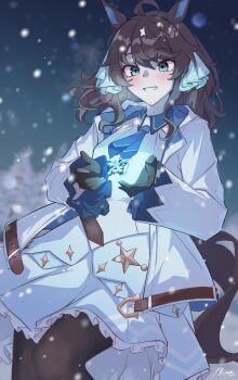1girl absurdres ahoge animal_ears black_gloves black_pantyhose blue_eyes blue_necktie blush breasts brown_hair collared_shirt commentary_request daring_tact_(umamusume) gloves hair_between_eyes hair_ornament highres horse_ears horse_girl horse_tail jacket long_hair looking_at_viewer necktie noa_82g open_clothes open_jacket open_mouth pantyhose shirt skirt smile snowflakes solo star_(symbol) star_hair_ornament tail teeth umamusume white_jacket white_shirt white_skirt