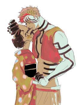 Rule 34 | 1boy, 1girl, abs, black hair, blush, body markings, couple, cowboy shot, cropped vest, demon boy, facial mark, hakuji (kimetsu no yaiba), hetero, highres, holding hands, interlocked fingers, japanese clothes, kabedon, kimetsu no yaiba, kimono, koyuki (kimetsu no yaiba), looking at another, looking at viewer, midriff, muscular, muscular male, nabeoishi 705, parted lips, polka dot, polka dot kimono, short hair, updo, vest, white background