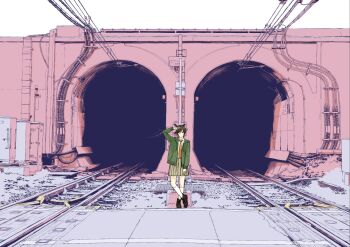 Rule 34 | 1girl, black boots, boots, brown skirt, collared shirt, commentary, green jacket, highres, jacket, kneehighs, lace-up boots, long sleeves, necktie, orange necktie, original, pleated skirt, power lines, railroad tracks, shirt, skirt, socks, solo, standing, tanaka hirotaka, tunnel, white shirt, white socks, wide shot