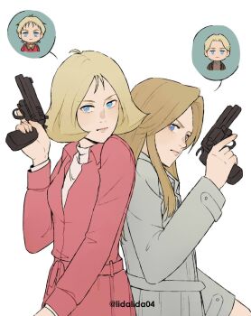 2boys 2girls anna_liebert artesia_som_deikun back-to-back blonde_hair blue_eyes breasts brother_and_sister casval_rem_deikun char_aznable chibi chibi_inset closed_mouth dual_persona furrowed_brow grey_jacket gun gundam handgun highres holding holding_gun holding_weapon jacket johan_liebert lida_(lidalida04) long_hair medium_breasts monster_(manga) multiple_boys multiple_girls parted_bangs pink_jacket sayla_mass shirt short_hair siblings sidelocks spoken_character turtleneck twitter_username upper_body weapon white_background white_shirt