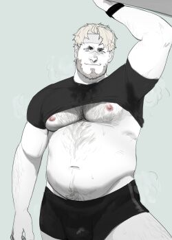 1boy absurdres armpit_hair armpits bara bare_pectorals barry_goodman beard big_belly boxers bulge clothes_lift cowboy_shot facial_hair fat fat_man fire_emblem full_beard hairy headband highres large_pectorals looking_at_viewer male_focus male_underwear mature_male multicolored_hair muscular muscular_male muted_color navel nintendo nipples pectorals philipposole presenting_armpit seductive_smile shirt shirt_lift short_hair smile solo standing stomach sweat t-shirt thick_chest_hair thick_eyebrows thick_leg_hair thick_navel_hair thick_thighs thighs tokyo_mirage_sessions_fe tsurime two-tone_hair underwear very_hairy