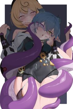 2girls @_@ absurdres black_hair black_shorts blonde_hair blue_hair blue_shirt blush breasts closed_mouth goat_girl goat_horns hand_on_another&#039;s_face high-waist_shorts highres horns large_breasts looking_at_viewer lucia_elowen maru039 medium_breasts mole mole_under_mouth multicolored_hair multiple_girls pointy_ears shirt shorts streaked_hair tentacle_girl tentacles white_shirt yellow_eyes yidhari_murphy yuri zenless_zone_zero