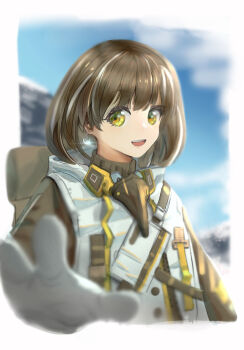 1girl :d andersonalac arknights backpack bag black_sleeves blurry blurry_background border brown_hair clipboard coat commentary_request earrings fading_border glint gloves highres jewelry looking_at_viewer magallan_(arknights) mask mask_around_neck multicolored_hair open_mouth outdoors raglan_sleeves reaching reaching_towards_viewer short_hair single_earring smile solo streaked_hair teeth upper_body upper_teeth_only white_coat white_gloves white_hair yellow_eyes