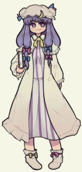 book bow crescent crescent_hat_ornament dagger131134_(kama_astor) dress embodiment_of_scarlet_devil hair_bow hat hat_ornament mob_cap multiple_hair_bows patchouli_knowledge purple_eyes purple_hair smile socks striped_clothes striped_dress touhou vertical-striped_clothes vertical-striped_dress white_background white_socks