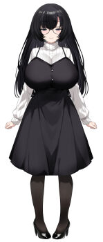 Rule 34 | 1girl, black hair, black pantyhose, black shoes, breasts, closed mouth, commentary request, dress, glasses, grey eyes, high heels, highres, long hair, long sleeves, original, pantyhose, pinafore dress, shoes, sleeveless, sleeveless dress, smile, solo, sweater, urabanasimati, white sweater
