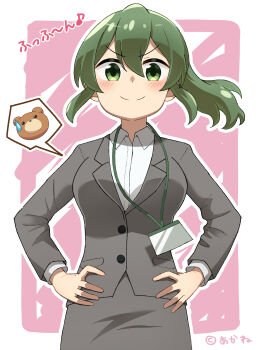 >:) 1girl absurdres akane_(akanene928) border breast_padding breasts closed_mouth collared_shirt commentary dress_shirt green_hair grey_jacket grey_skirt hands_on_own_hips highres igarashi_futaba jacket long_sleeves medium_breasts medium_hair miniskirt office_lady outside_border pencil_skirt pink_background pocket ponytail senpai_ga_uzai_kouhai_no_hanashi shirt simple_background skirt smile solo split_mouth spoken_object suit_jacket v-shaped_eyebrows white_border white_shirt