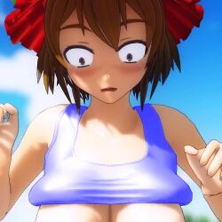 1girl 3d aki_minoriko animated bare_shoulders blurry blurry_background breasts brown_eyes brown_hair cloud grape_hat_ornament hands_on_own_hips hat jiggle large_breasts leaning_forward looking_at_breasts looking_at_viewer looking_down mofumoko5 nipples_out_of_frame out-of-frame_censoring outdoors red_hat rei_no_pool short_hair sky smile solo sports_bra standing surprised tagme touhou underboob upper_body video wardrobe_malfunction
